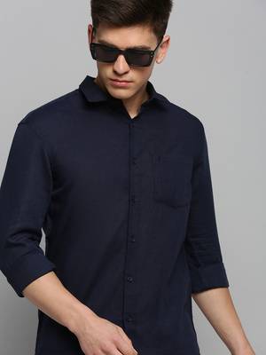 Showoff men's long sleeves solid navy blue shirt 1