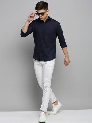 Showoff men's long sleeves solid navy blue shirt 5