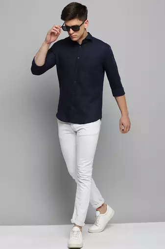 Showoff men's long sleeves solid navy blue shirt