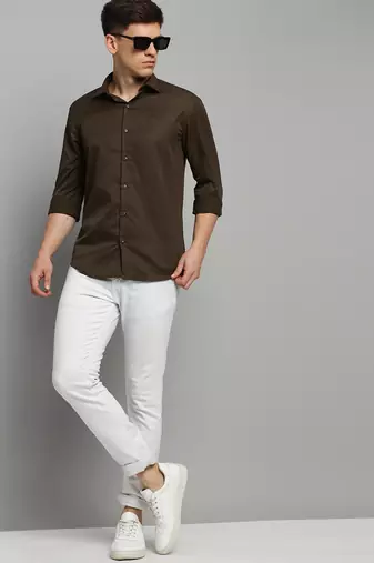 Showoff men's long sleeves solid coffee brown shirt
