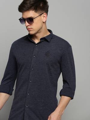 Showoff men's long sleeves solid navy blue shirt 1