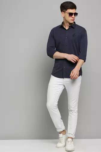 Showoff men's long sleeves solid navy blue shirt