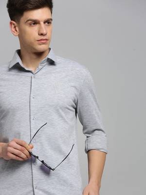 men's long sleeves solid grey melange shirt 1