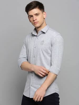 men's long sleeves solid grey melange shirt 3