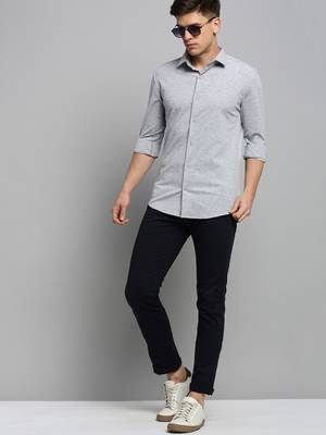 men's long sleeves solid grey melange shirt 5