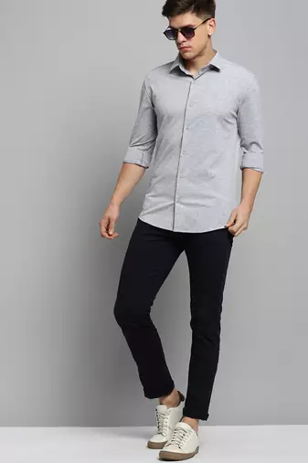men's long sleeves solid grey melange shirt