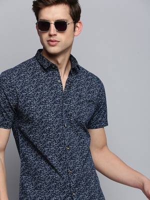 men's short sleeves abstract navy blue shirt 1