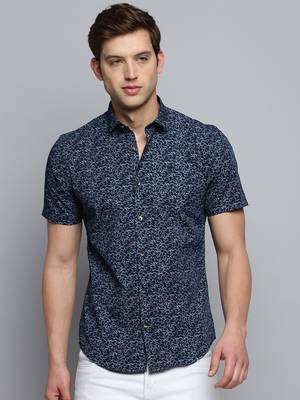 men's short sleeves abstract navy blue shirt 2