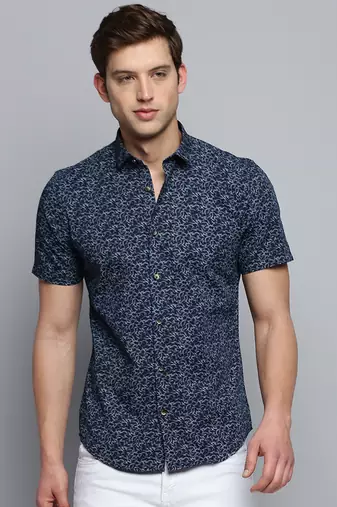 men's short sleeves abstract navy blue shirt