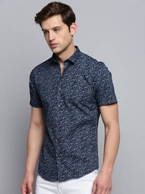 men's short sleeves abstract navy blue shirt 3