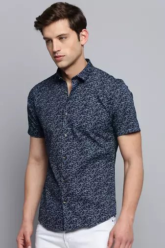 men's short sleeves abstract navy blue shirt