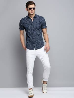 men's short sleeves abstract navy blue shirt 5