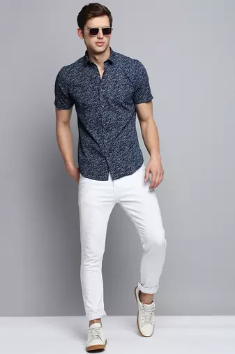 men's short sleeves abstract navy blue shirt