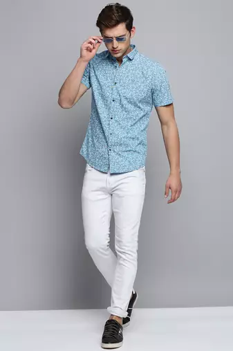 men's short sleeves abstract blue shirt
