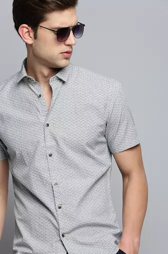 men's short sleeves geometric white shirt