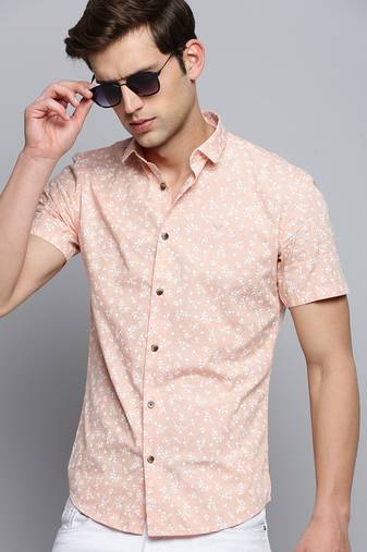 men's short sleeves floral peach shirt