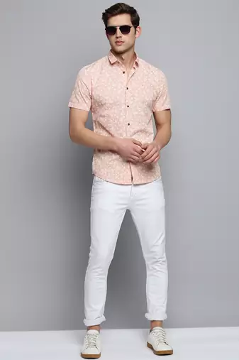 men's short sleeves floral peach shirt