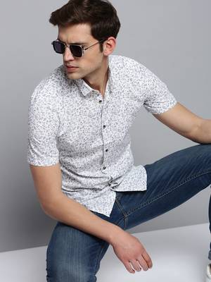 men's short sleeves floral white shirt 1