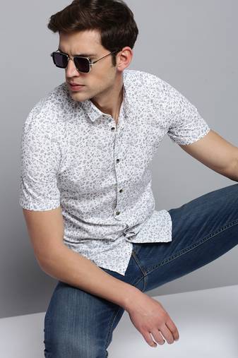 men's short sleeves floral white shirt