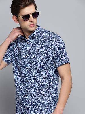 men's short sleeves abstract navy blue shirt 1