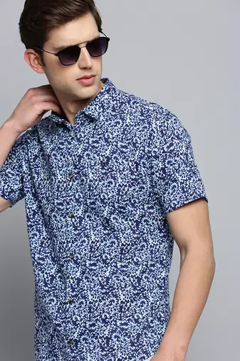 men's short sleeves abstract navy blue shirt