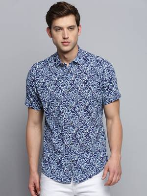 men's short sleeves abstract navy blue shirt 2