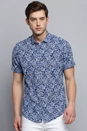 men's short sleeves abstract navy blue shirt