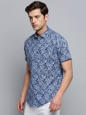 men's short sleeves abstract navy blue shirt 3