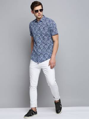 men's short sleeves abstract navy blue shirt 5