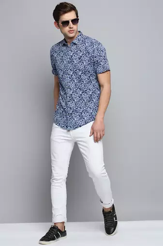 men's short sleeves abstract navy blue shirt