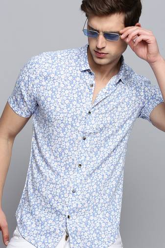 men's short sleeves floral blue shirt