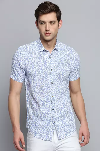 men's short sleeves floral blue shirt