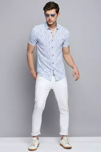 men's short sleeves floral blue shirt