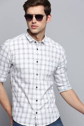 men's long sleeves tartan checks white shirt