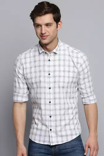 men's long sleeves tartan checks white shirt