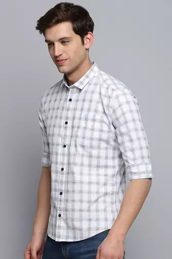 men's long sleeves tartan checks white shirt