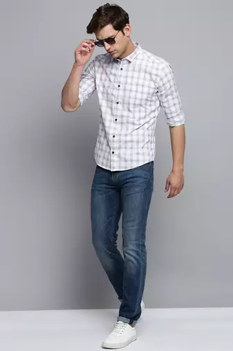 men's long sleeves tartan checks white shirt
