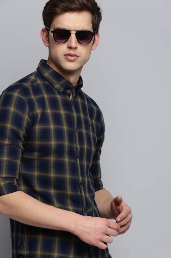 Showoff men's long sleeves windowpane checks navy blue shirt