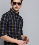 Showoff men's long sleeves windowpane checks navy blue shirt