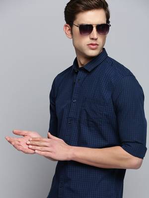 Showoff men's long sleeves micro checks navy blue shirt 1