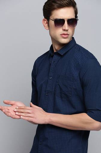 Showoff men's long sleeves micro checks navy blue shirt
