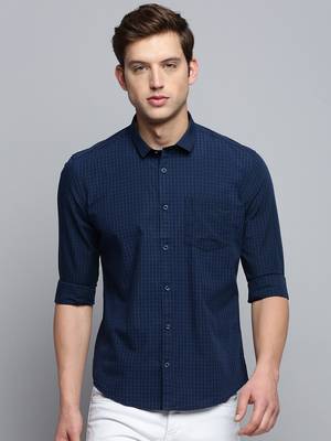 Showoff men's long sleeves micro checks navy blue shirt 2