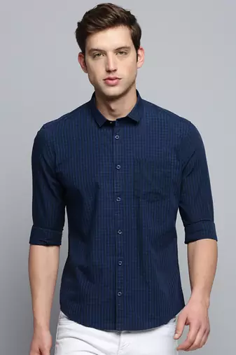 Showoff men's long sleeves micro checks navy blue shirt