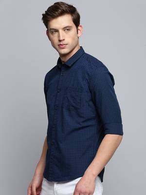 Showoff men's long sleeves micro checks navy blue shirt 3