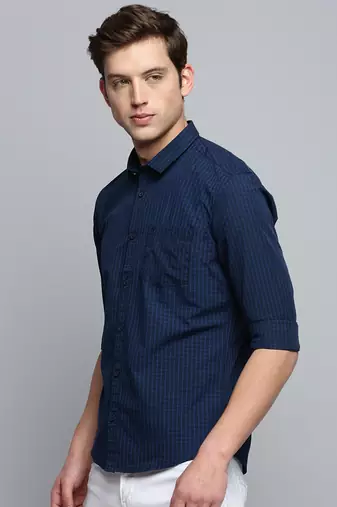 Showoff men's long sleeves micro checks navy blue shirt