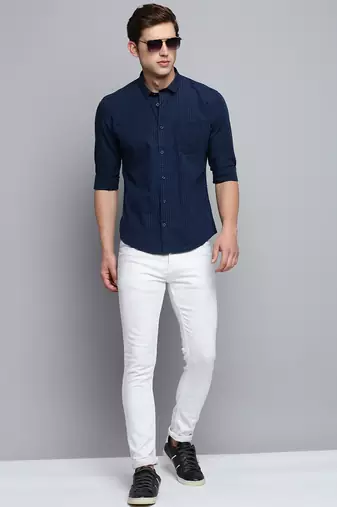 Showoff men's long sleeves micro checks navy blue shirt
