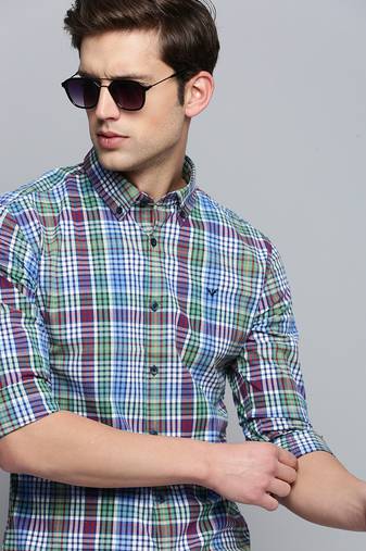 Showoff men's long sleeves tartan checks blue shirt