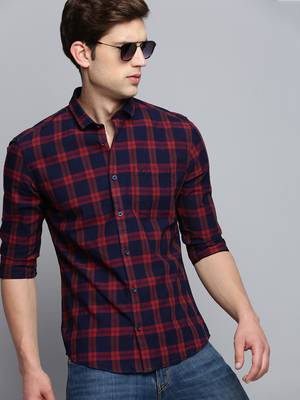 men's long sleeves windowpane checks navy blue shirt 1