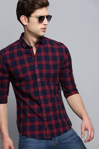 men's long sleeves windowpane checks navy blue shirt