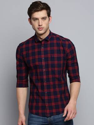 men's long sleeves windowpane checks navy blue shirt 2